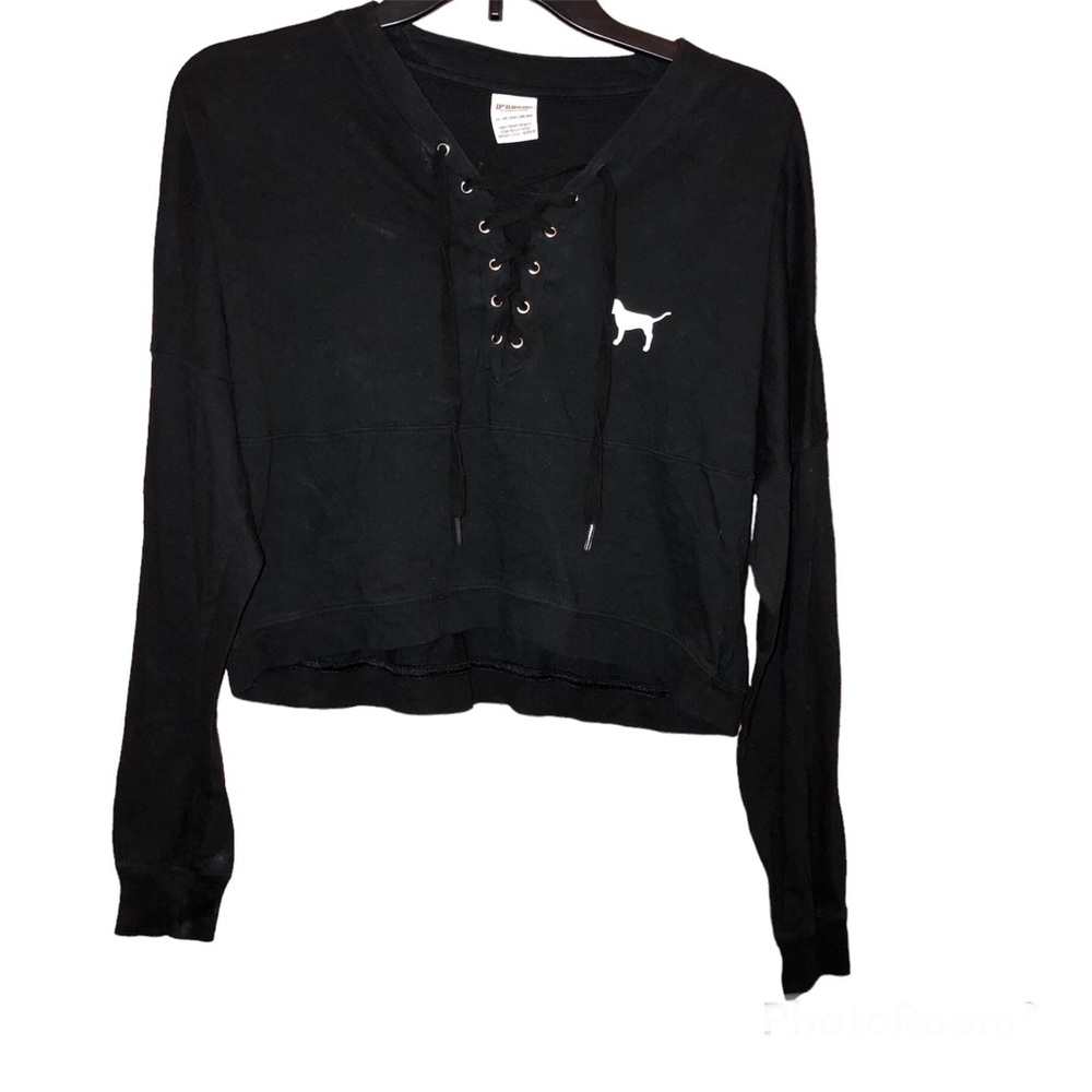 Victoria’s Secret Pink Lace‎ Up Strappy Varsity Long Sleeve Crop Shirt Black